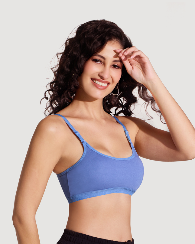 Kurvz Force blue bra shown from a side-front angle, designed for comfort, flexibility and daily wear.